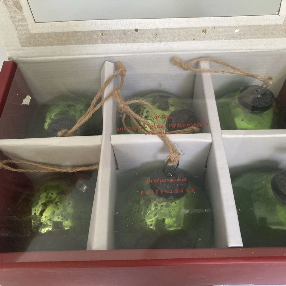 Pottery Barn Mercury Glass Ball Ornaments Set of 6 Green w/ Box